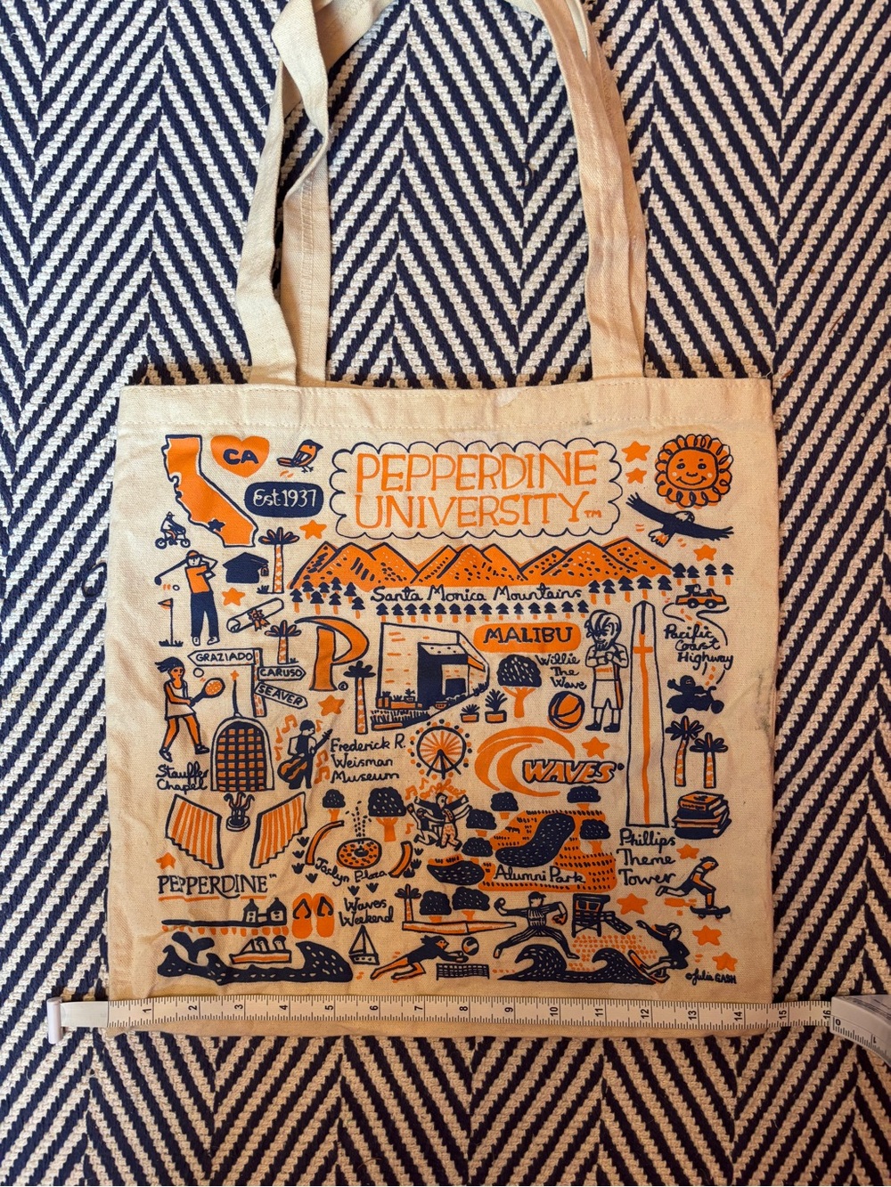 Pepperdine University Canvas Tote Bag - Cream with Blue & Orange Print - Picture 3 of 4